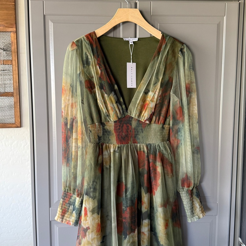 Baltic Born Layla Tulle Maxi Dress Women M Olive Rust NWT Floral Smocked V-Neck - Picture 3 of 15